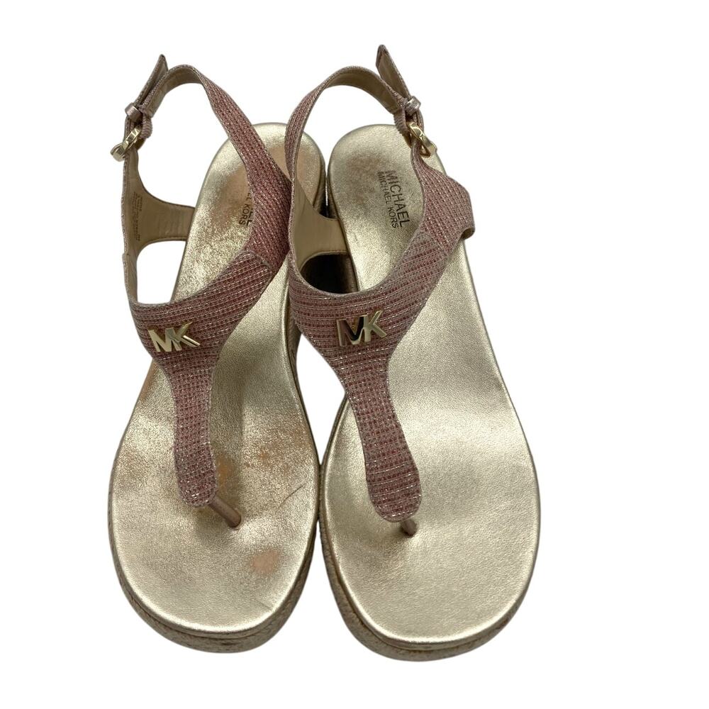 Michael Kors Women's Leather Wedged Thong Sandals Size 8M Rose Color Sparkle